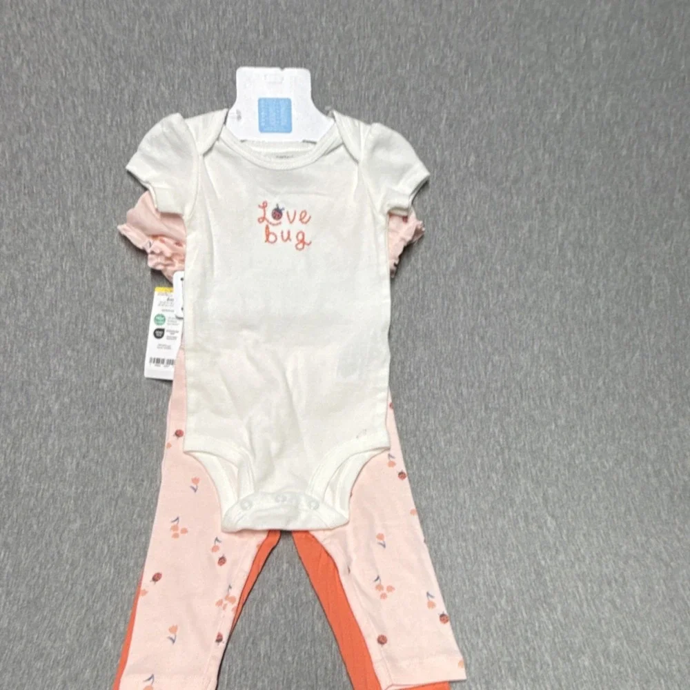 Carter's 3 Piece Ladybug Floral Pants Set 6M Pink Orange Shirt Bodysuit